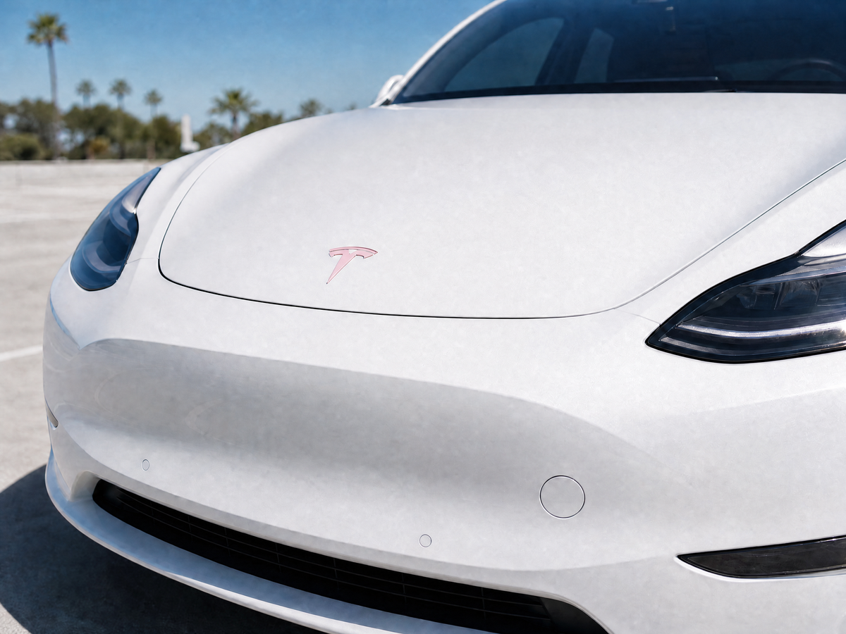 White Tesla Model Y front Tesla emblem wrapped in Gloss Pearl Tutu Pink
