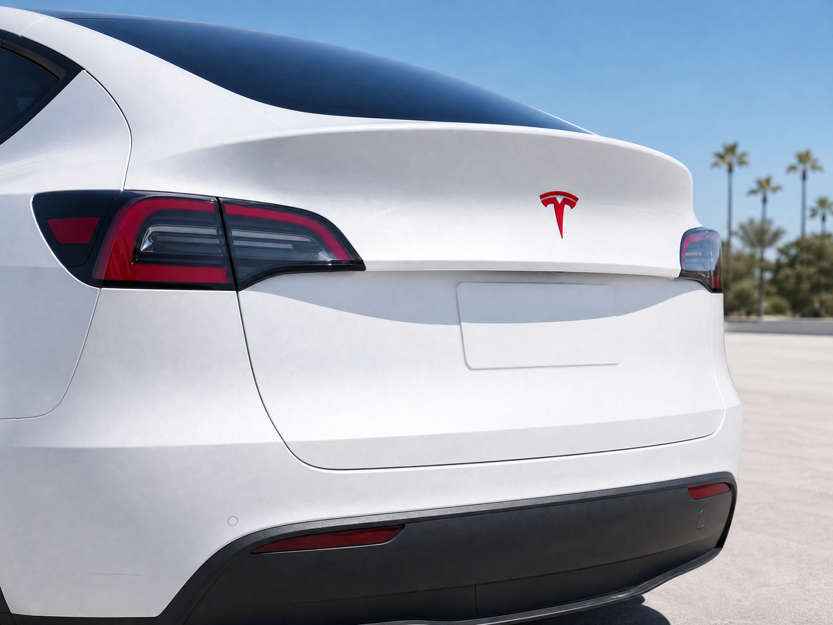 White Tesla Model Y rear Tesla emblem wrapped in gloss red