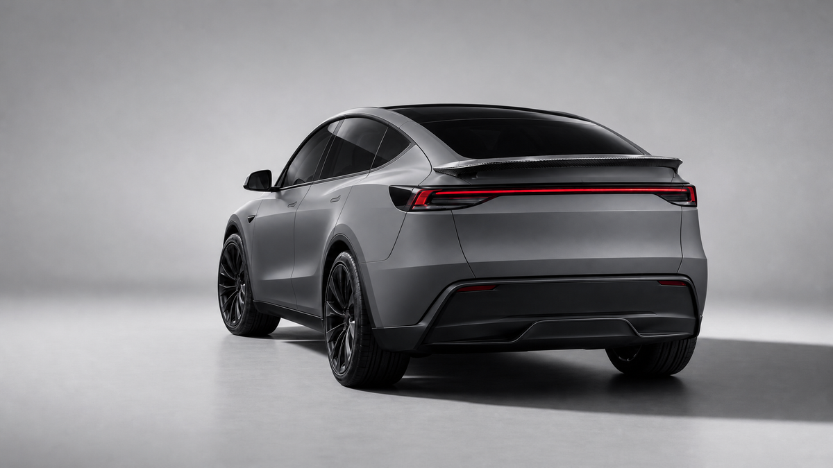 Model Y Juniper wrapped in satin grey with gloss carbon rear spoiler - EVP Performance wrap package