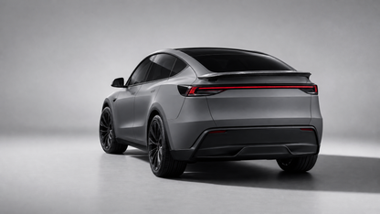 Model Y Juniper wrapped in satin grey with gloss carbon rear spoiler - EVP Performance wrap package