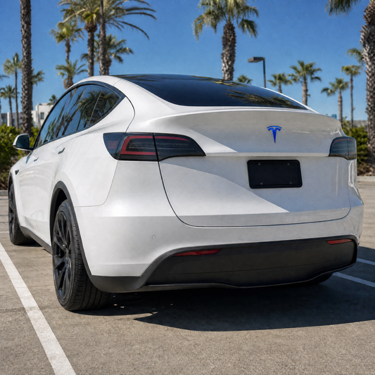 White Tesla Model Y with light smoke tail light tint and blue wrapped rear Tesla emblem