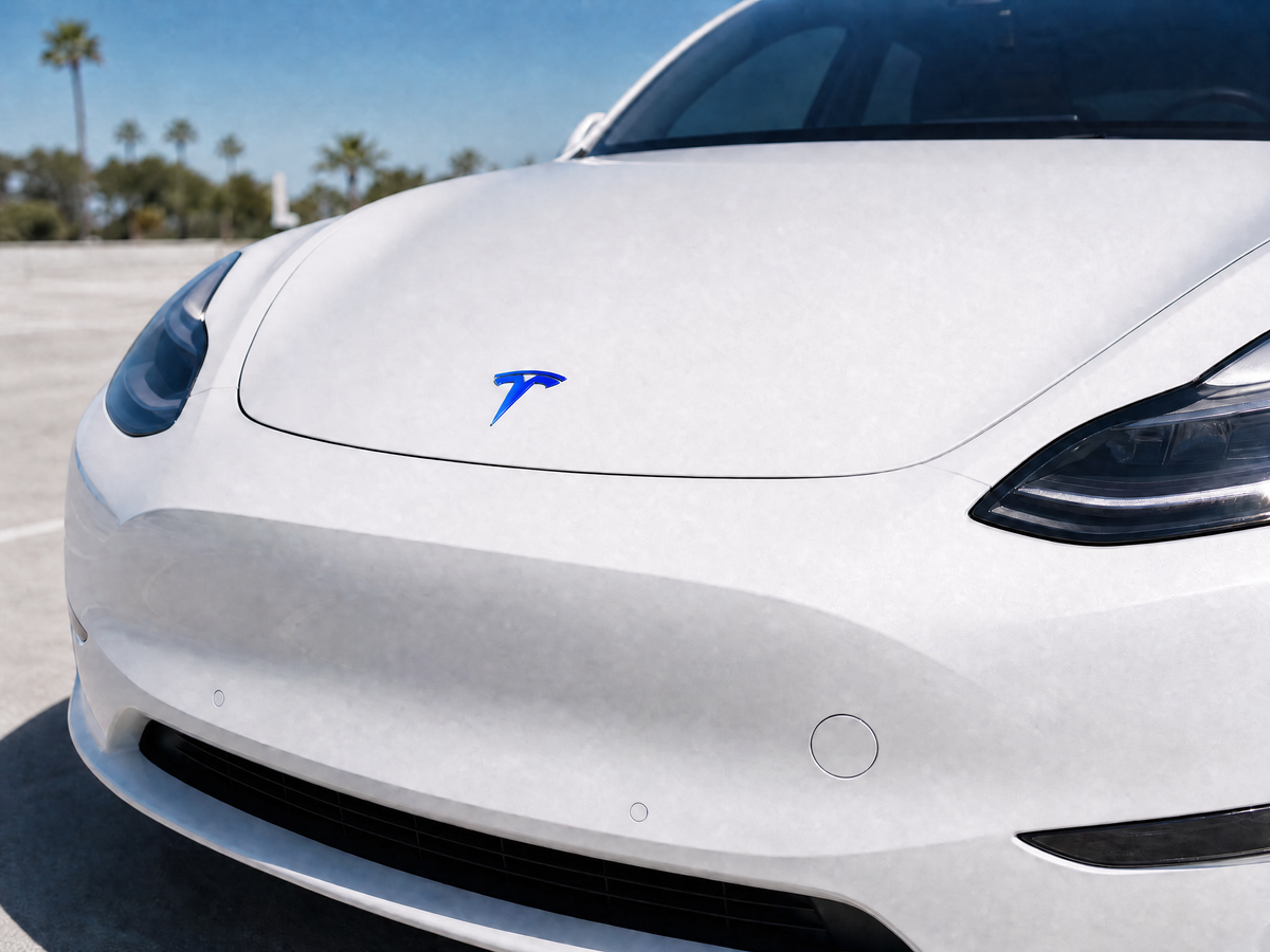 White Tesla Model Y front Tesla emblem wrapped in Gloss Intense Blue