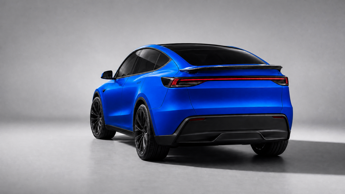 Model Y Juniper wrapped in gloss bright blue metallic with gloss carbon rear spoiler - EVP Performance wrap package