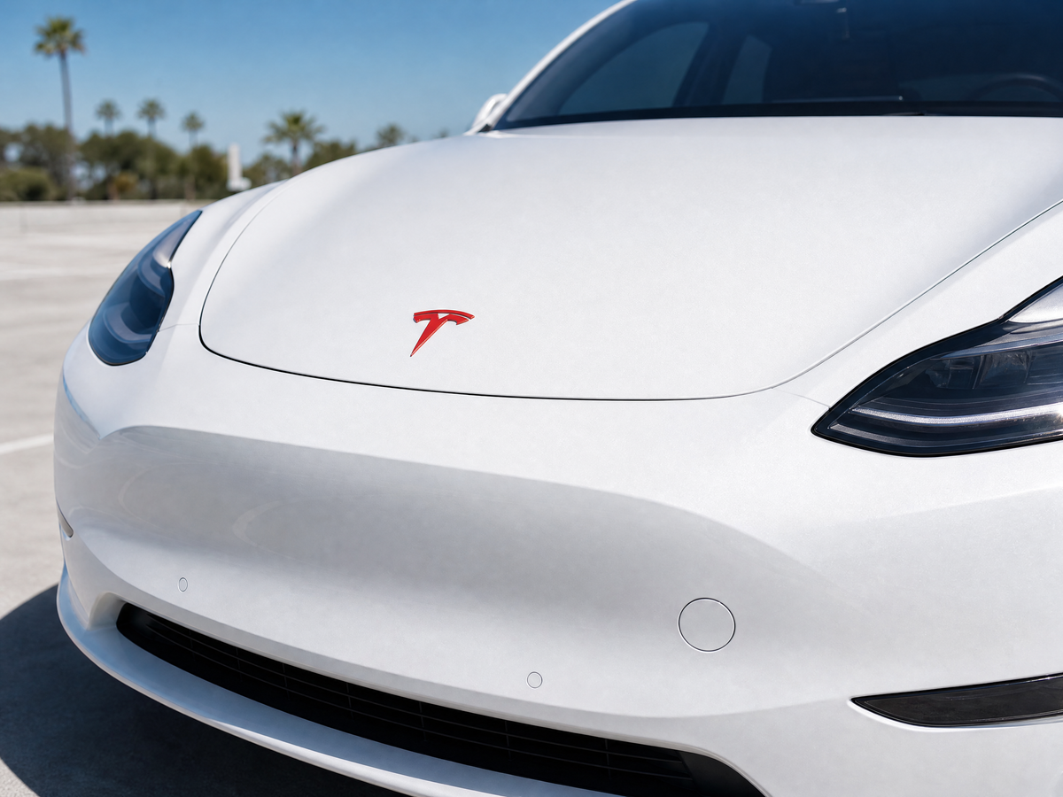 White Tesla Model Y front Tesla emblem wrapped in gloss red