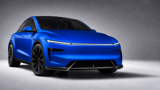 Model Y Juniper wrapped in gloss bright blue metallic with gloss carbon front lip splitter - EVP Performance wrap package