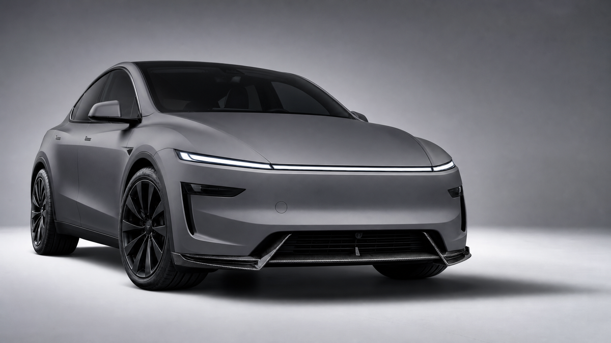 Model Y Juniper wrapped in satin grey with gloss carbon front lip splitter - EVP Performance wrap package