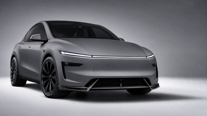 Model Y Juniper wrapped in satin grey with gloss carbon front lip splitter - EVP Performance wrap package