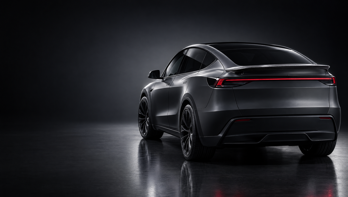 Tesla Model Y Juniper with EVP Performance carbon fiber rear spoiler, studio shot