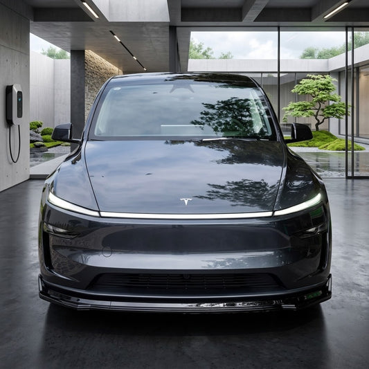 2026+ Tesla Model Y Juniper Sporty 3-piece front lip splitter - ABS plastic, front view | EVP Performance